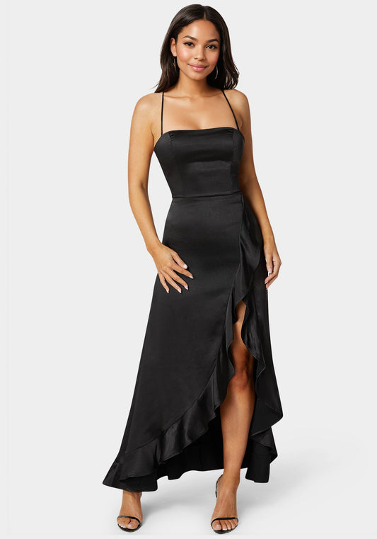 Satin Ruffle Maxi Lace Up Back