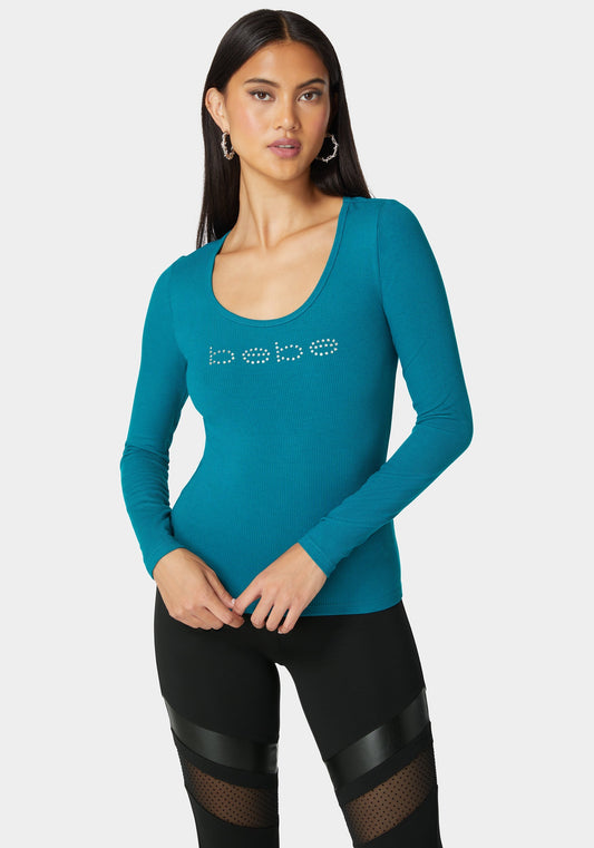 Beilave Long Sleeve Scoop Neck Single Stone Rib Top