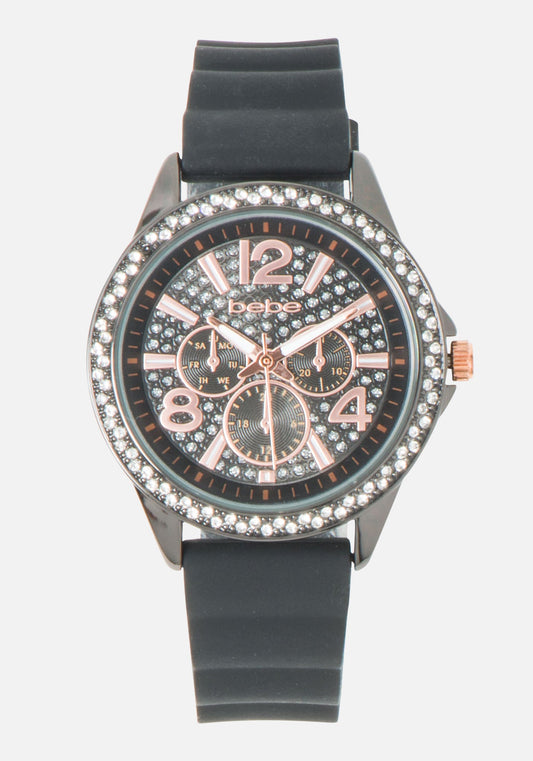 Black & Crystal Dial Silicone Strap Watch