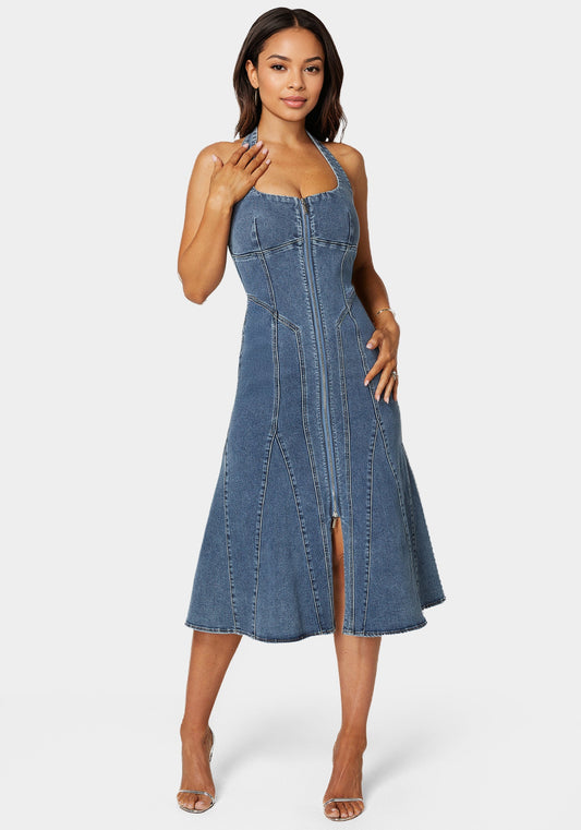 Halter Front Zipper Midi Denim Dress