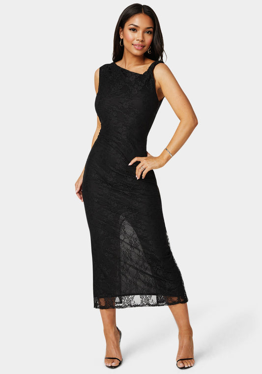 Twist Sleeve Lace Midi Dress