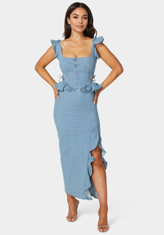 Light Weight Ruffle Detail Denim Dress