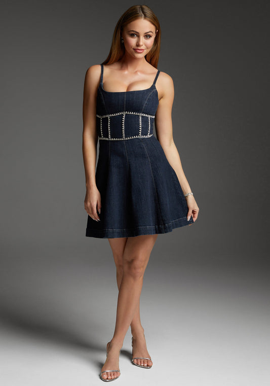 Beilave Fit & Flare Denim Dress Embellished With Crystals by Beilave