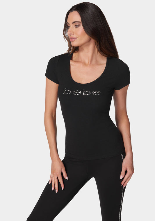 Beilave Short Sleeve Scoop Neck Single Stone Rib Top